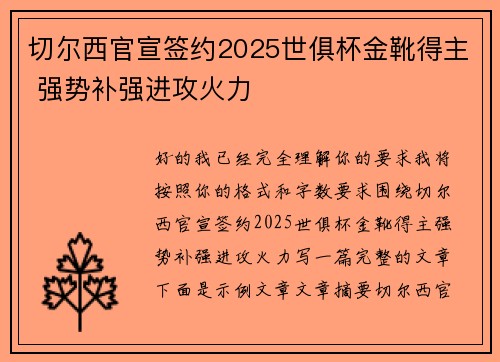 切尔西官宣签约2025世俱杯金靴得主 强势补强进攻火力